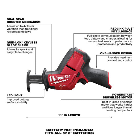 Milwaukee 2520-20 M12 FUEL™ HACKZALL® Recip Saw (Bare Tool) - feature callout