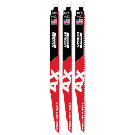 Milwaukee 48-00-7353 12 inch 5 TPI AX with NITRUS Carbide SAWZALL Blade for Wood with Nails 3-Pack