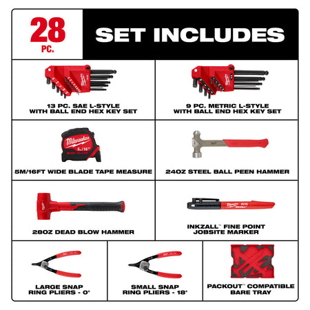 MILWAUKEE 48-22-0161 28pc Hex Key & Hammer Set w/Foam