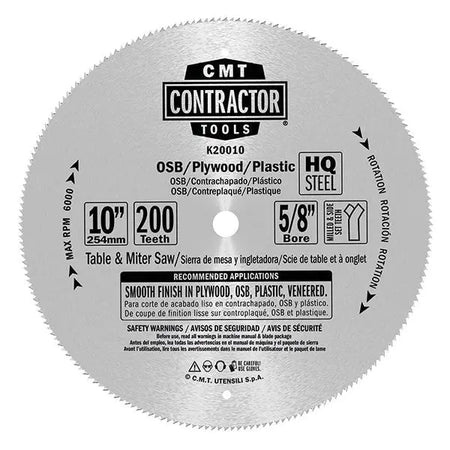 CMT K20010 - 10" 200T ITK Contractor Plywood Blade 5/8" Bore CMT