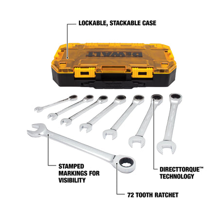 DEWALT DWMT74733 – DEWALT 8 Piece Full Polish Ratcheting Combination Wrench Set
