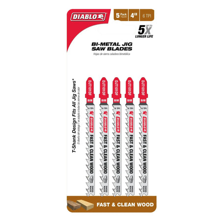 DIABLO DJT101DF5 - 4 in. 6 TPI Bi-Metal T-Shank Jig Saw Blades for Fast Cuts in Wood - 5 Pack