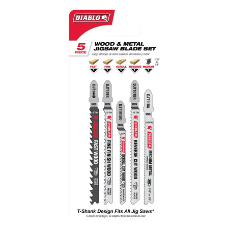 Diablo DJT5S- 5pc High Carbon Steel/High Speed Steel T-Shank Jig Saw Blade Set for Wood & Metal - 5 Pack DIABLO