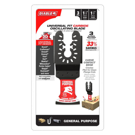 Diablo DOU125CGP3- 1-1/4 in. Universal Fit Carbide Oscillating Blade for General Purpose Cuts - 3PK DIABLO