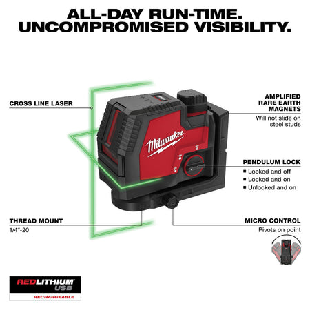 Milwaukee 3521-21 - USB Rechargeable Green Cross Line Laser - Wise Line Tools