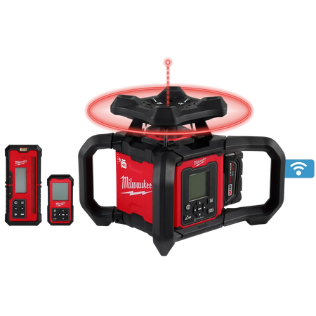 Milwaukee 3704-21T - M18™ Red Exterior Dual Slope Rotary Laser Level Kit w/ Receiver, Remote, Grade Rod & Tripod - Wise Line Tools