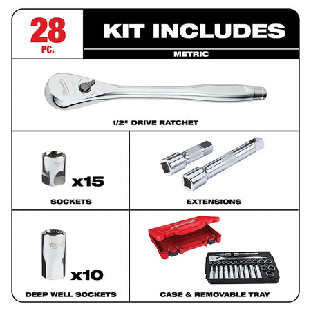 Milwaukee 48-22-9510 - 28 pc. 1/2 in. Socket Wrench Set (Metric) - Wise Line Tools