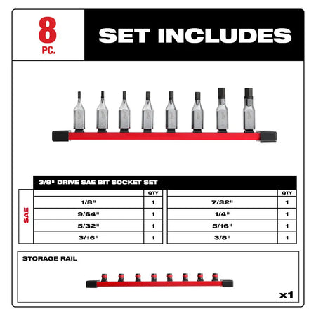 Milwaukee 48-22-9542 - 8pc 3/8" Drive Hex Bit Socket Set - SAE - Wise Line Tools