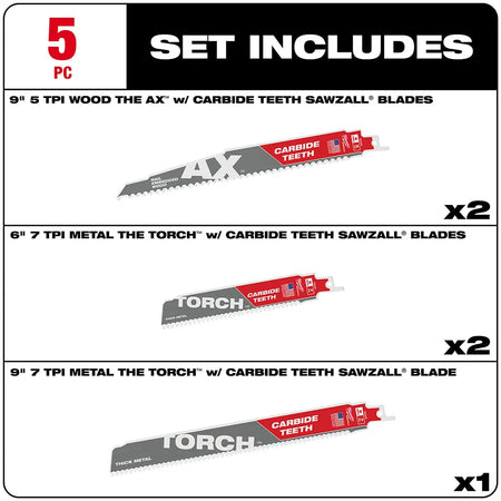 Milwaukee 49-22-5505 - 5pc Carbide Teeth SAWZALL® Blade Set - Wise Line Tools