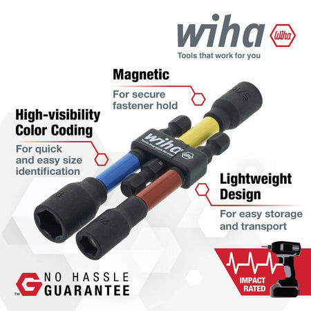 WIHA 70489 - 3-Piece Color Coded Magnetic Nut Setter SAE Set (3-Inch)