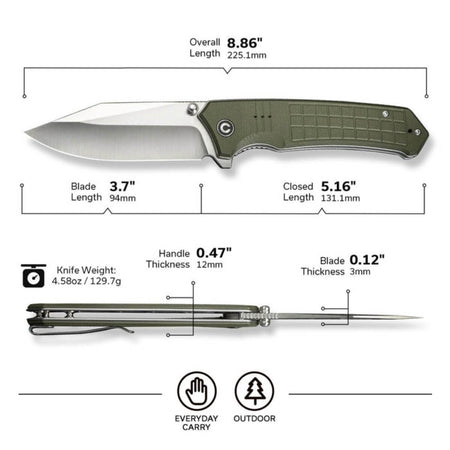 CIVIVI C23055-2 - Tacticorix Flipper Knife, 3.7" Satin Nitro-V Blade, OD Green G10 Handle