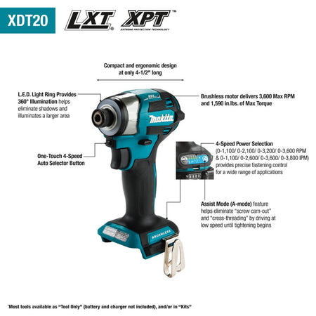 MAKITA DTD201Z - 18V LXT Brushless Cordless 4-Speed Impact Driver - Tool Only