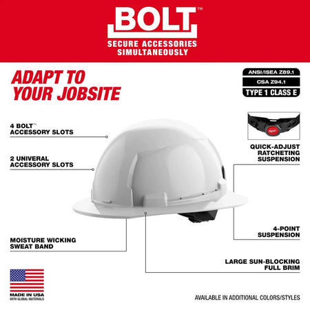 MILWAUKEE 48-73-1101 - BOLT White Type 1 Class E Full Brim Hard Hat