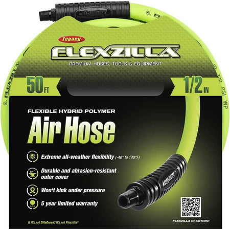 FLEXZILLA HFZ1250YW3 - High-Visibility Yellow Air Hose - 1/2 in. x 50 ft. with 3/8 in. MNPT Fittings