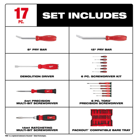 MILWAUKEE 48-22-0158 17pc Screwdriver & Pry Bar Set