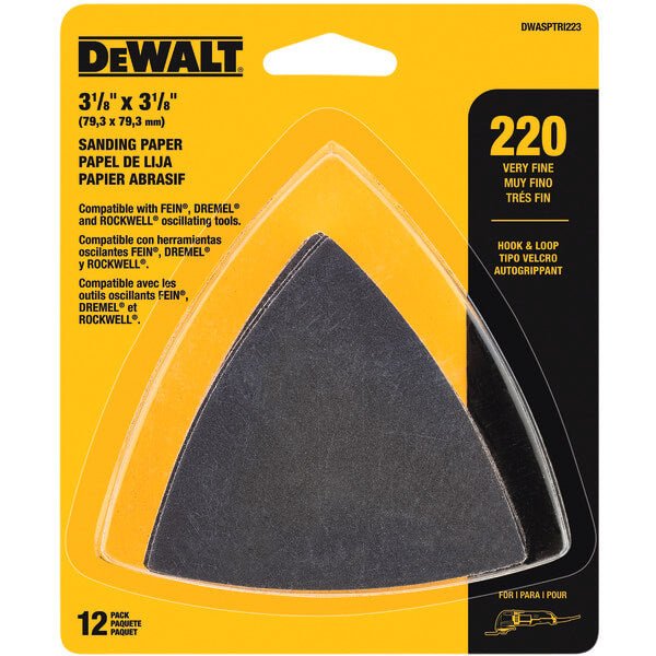 DEWALT DWASPTRI223 Hook and Loop Triangle 220 Grit Sandpaper, 12-Pack