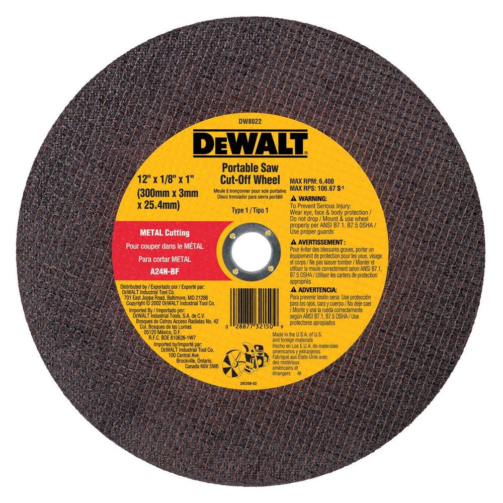 DEWALT DW8022 12-Inch by 1/8-Inch by 1-Inch A24N Abrasive Metal Cutting Wheel