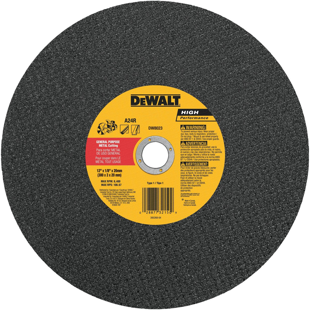 DEWALT DW8023 12-Inch x 1/8-Inch x 20mm A24N Abrasive Metal Cutting Wheel