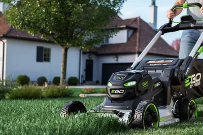 Mowing a front lawn with an EGO POWER+ cordless self-propelled mower