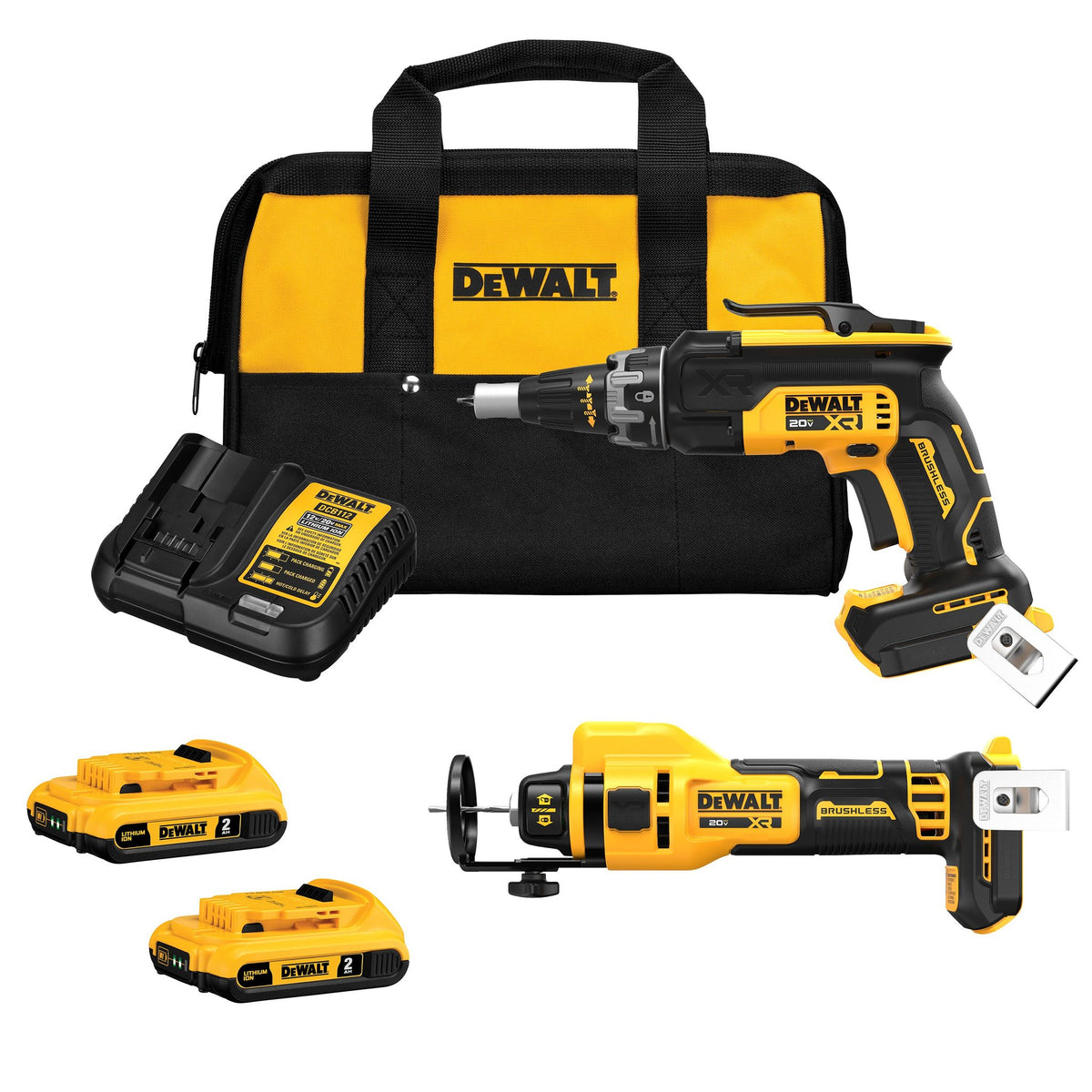 DEWALT DCK265D2 20V MAX XR Brushless Drywall Screwgun and Cut-Out Tool Combo Kit (2.0Ah) - kit contents