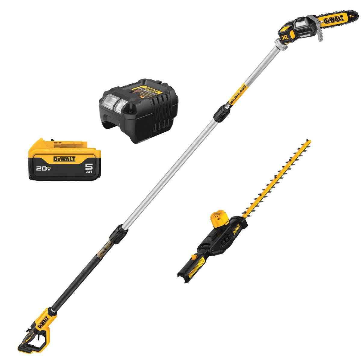 DEWALT DCKO86P1 20V MAX Brushless Cordless Pole Saw and Pole Hedge Trimmer Combo Kit - kit contents