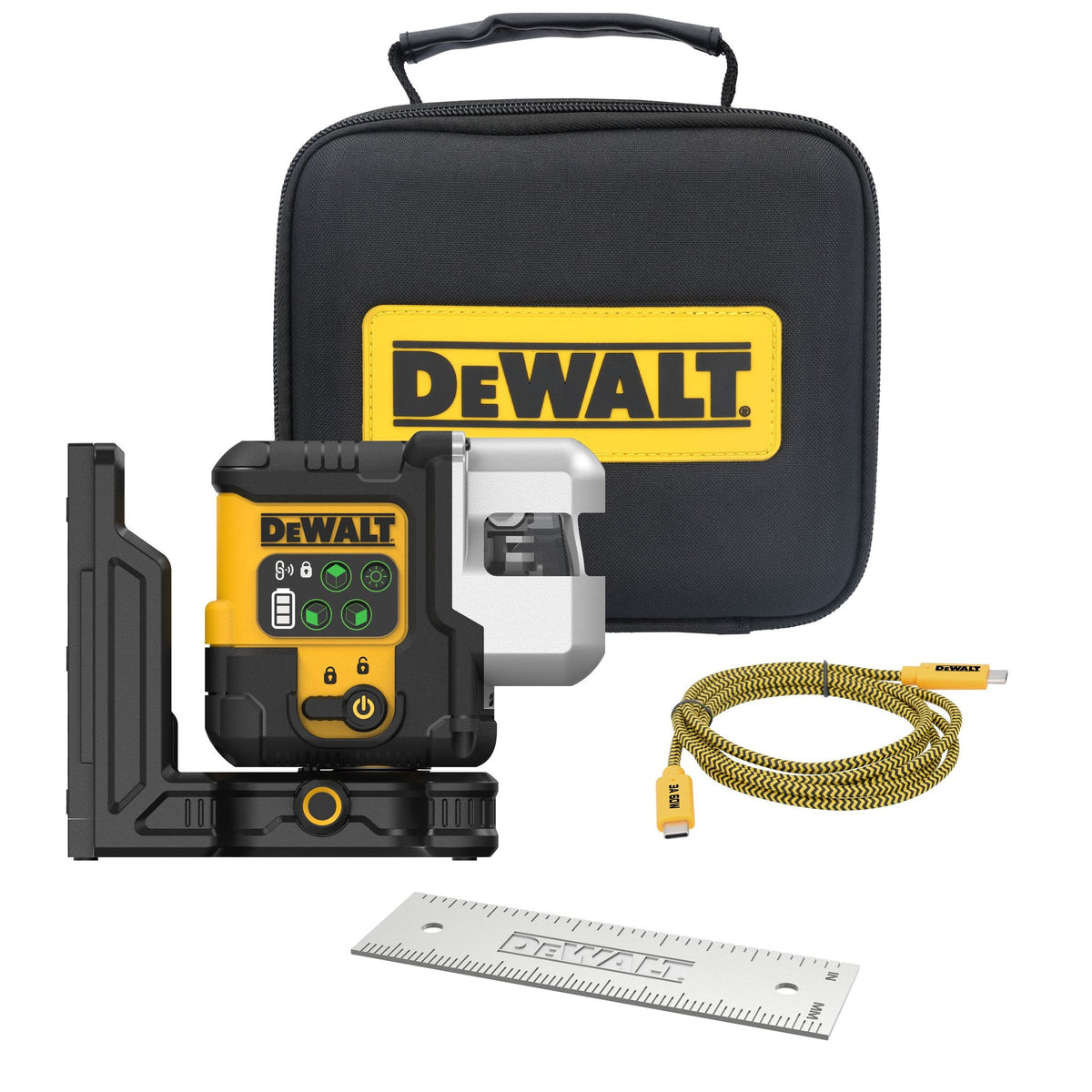 DEWALT DCLE14301GB USB Rechargeable Green 3 X 180 Degree Line Laser Base Kit - kit contents