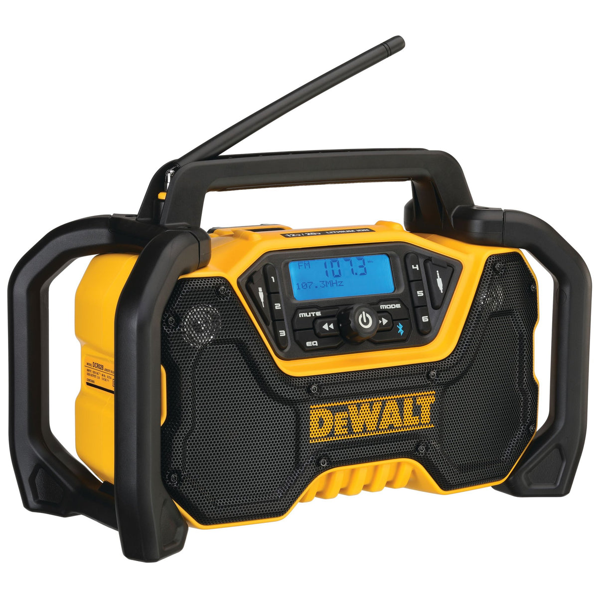 DeWalt DCR028B yellow and black job site Bluetooth radio with handle and antenna