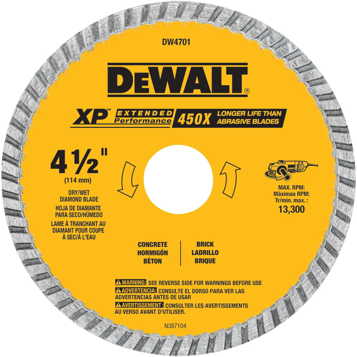 DEWALT DW4701 Diamond Blade, Dry Or Wet Cutting, Continuous Rim, 7/8-Inch Arbor, 4-1/2-Inch - product view