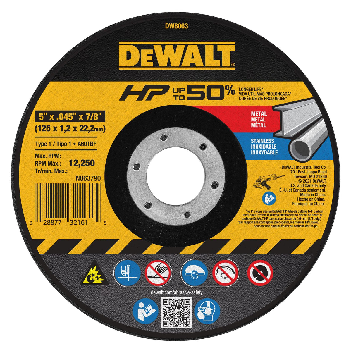 DEWALT DW8063 5-Inch By .045-Inch By 7/8-Inch A60T Abrasive Metal/Inox Cutting Wheel - product view