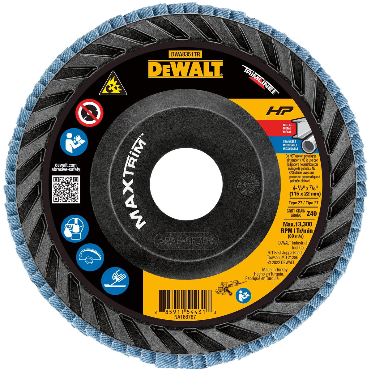 DEWALT DWA8351TR Type 27 Flap Disc Zirconia Alumina 4 1/2 In Disc Diameter 40 Abrasive Grit - product view