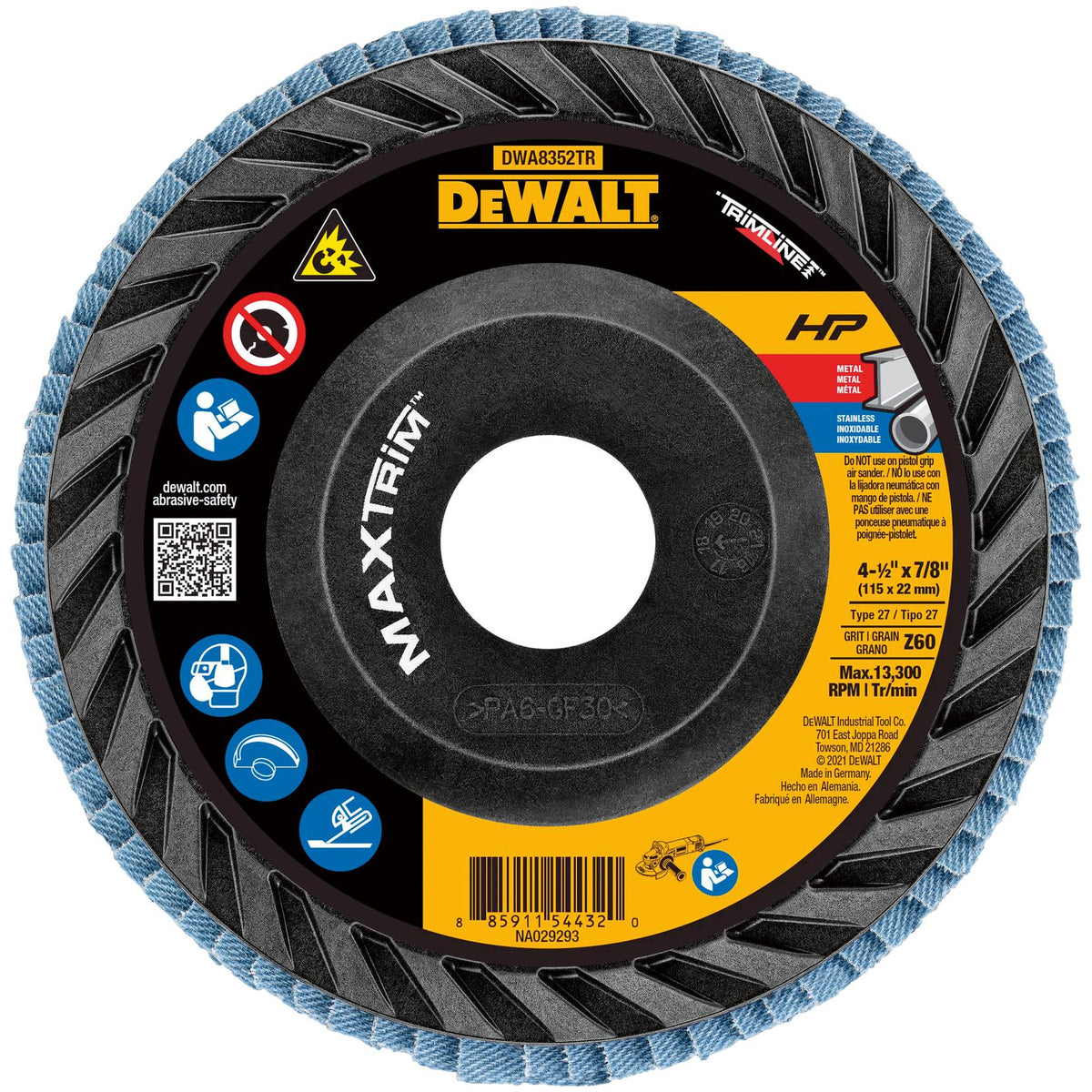 DEWALT DWA8352TR 4-1/2 in. x 7/8 in. 60 Grit HP™ MAXTRIM™ Trimmable Backer Flap Disc - product view