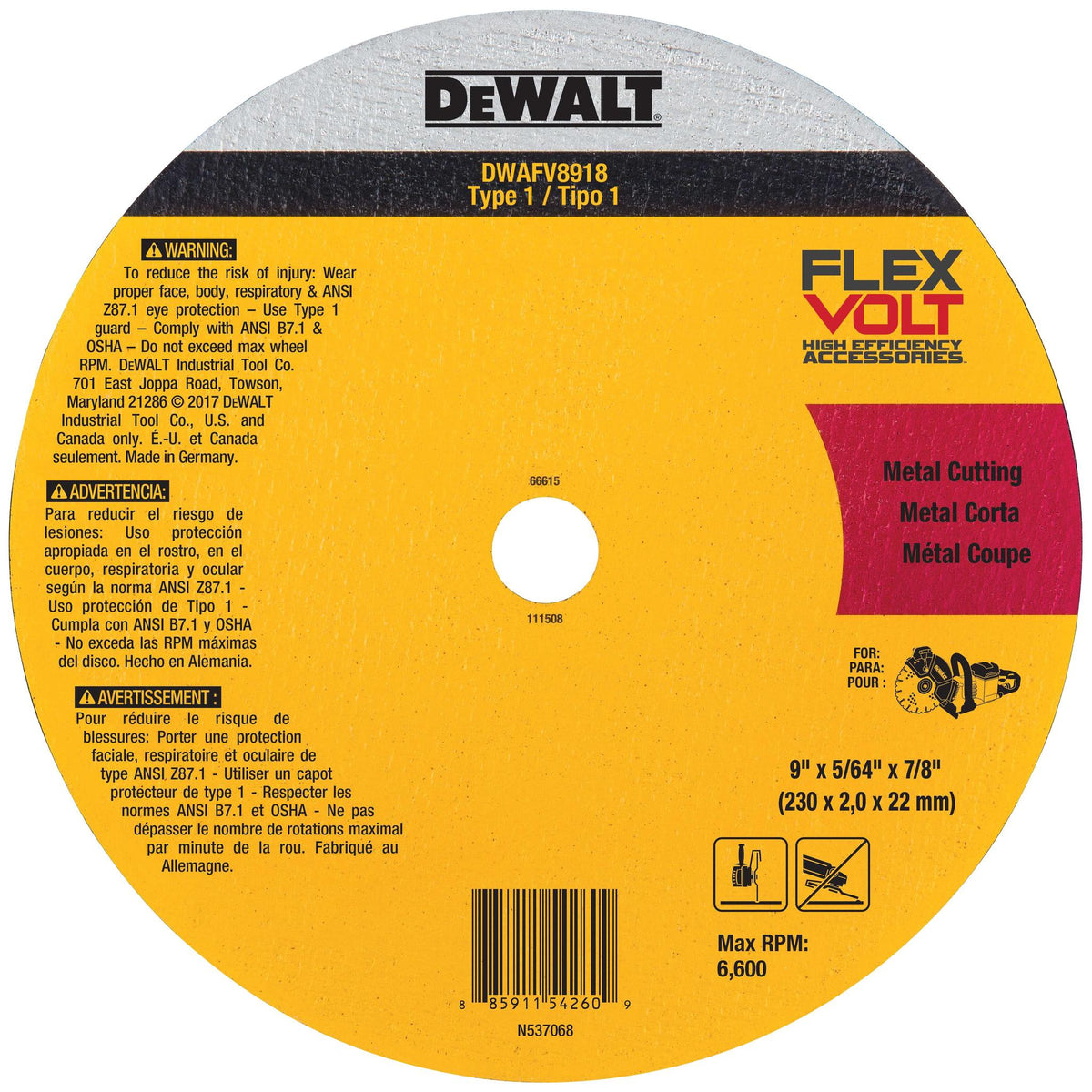 DEWALT DWAFV8918 FLEXVOLT 9 In x .045 in Ceramic Abrasive Chop / Cut-Off Blade with 7/8 in Arbor For Stainl - product view