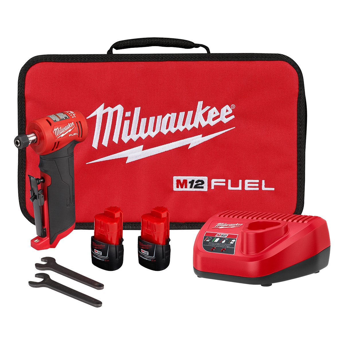 Milwaukee 2485-22 M12 FUEL™ 1/4" Right Angle Die Grinder Kit - kit contents