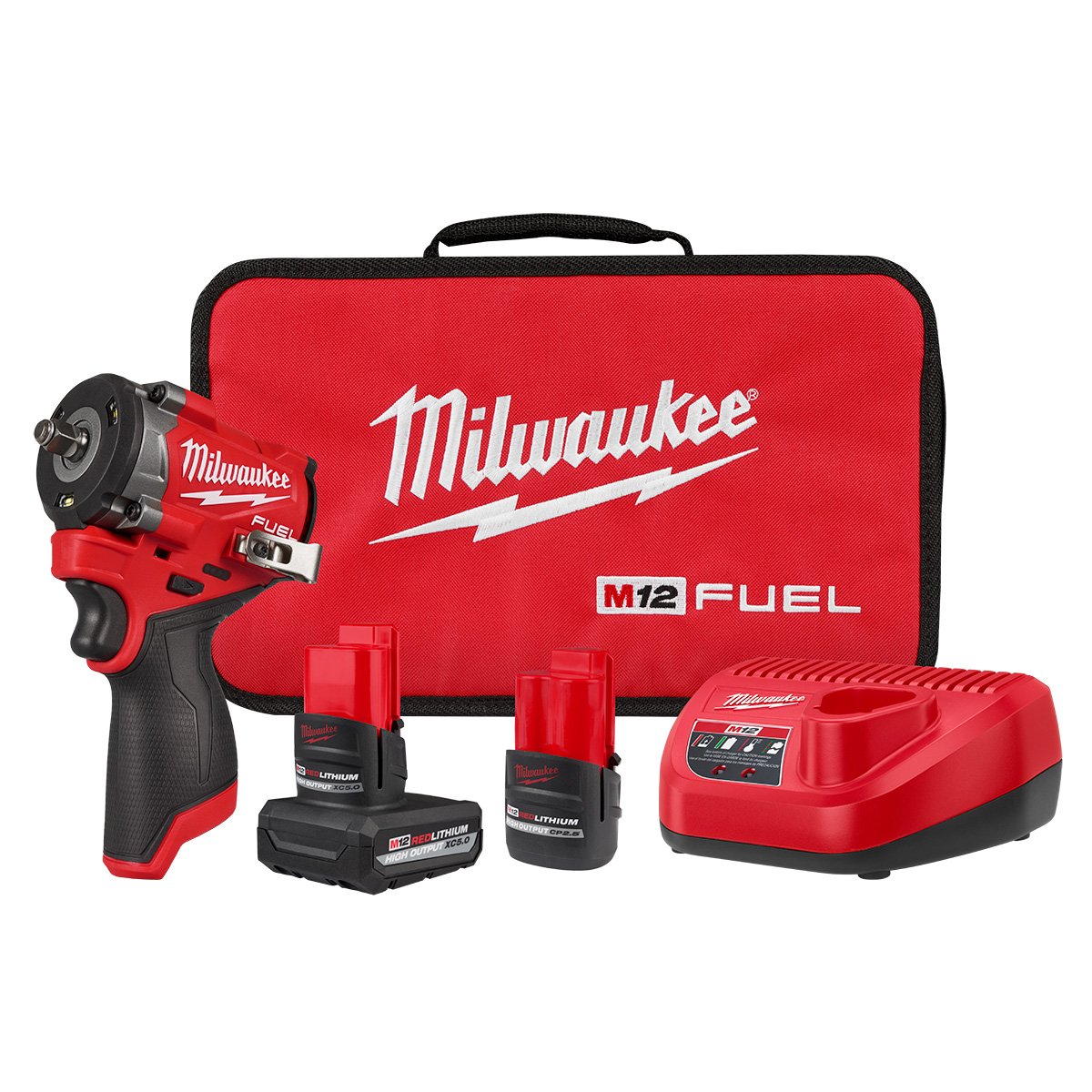 Milwaukee 2562-22 M12 FUEL™ Stubby 3/8" Impact Wrench Kit - kit contents