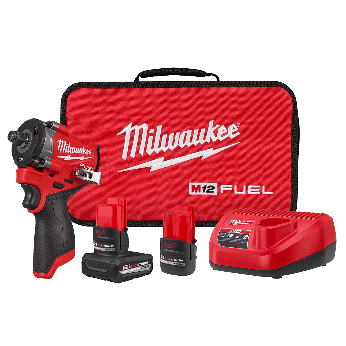Milwaukee 2563-22 M12 FUEL™ Stubby 1/2" Impact Wrench Kit - kit contents