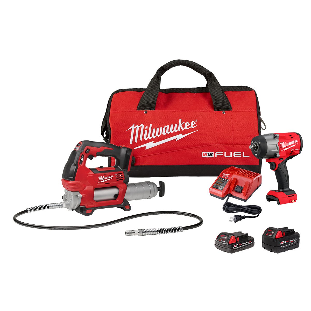 Milwaukee 2967-22GG M18 FUEL™ 1/2" HTIW w/ Friction Ring & Grease Gun Combo Kit - kit contents