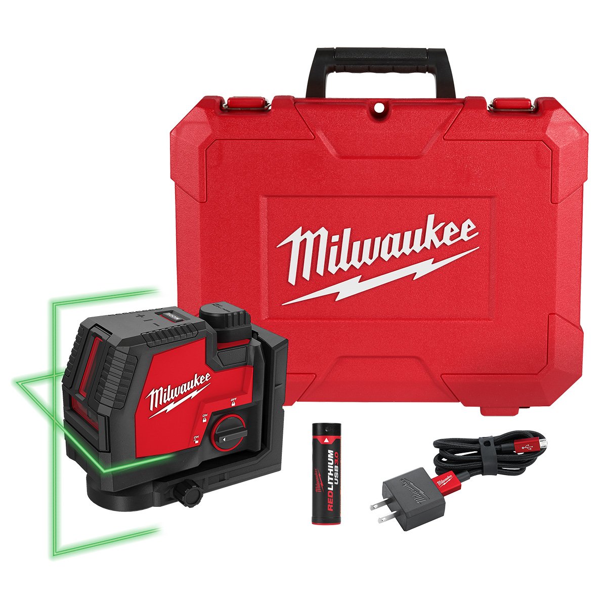 Milwaukee 3521-21 USB Rechargeable Green Cross Line Laser - kit contents
