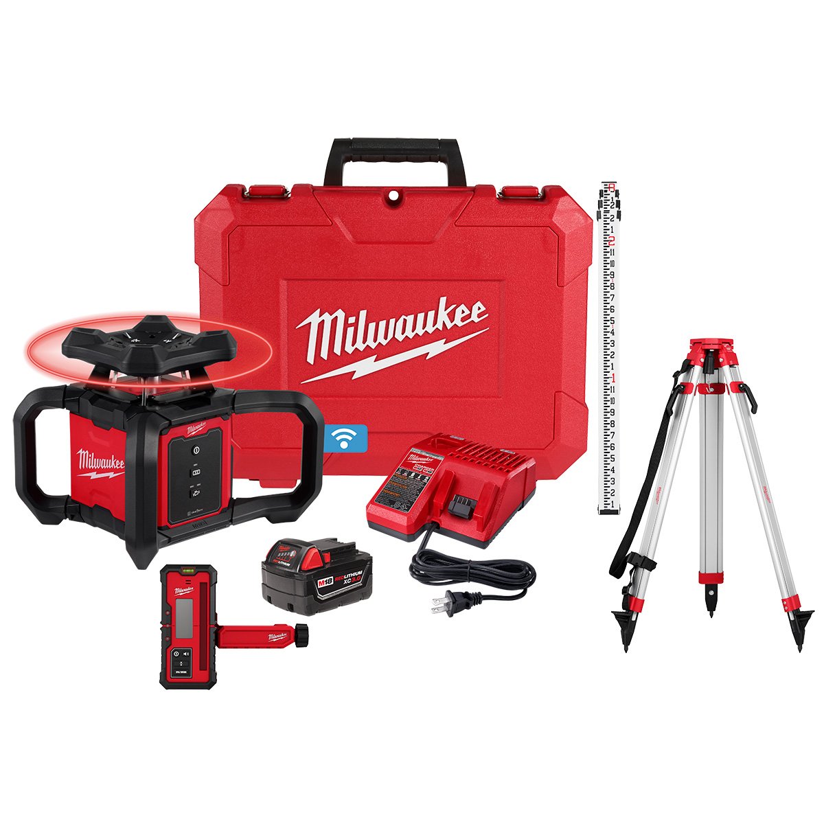 Milwaukee 3701-21T M18™ Red Exterior Rotary Laser Level Kit w/ Receiver, Tripod, & Grade Rod - kit contents