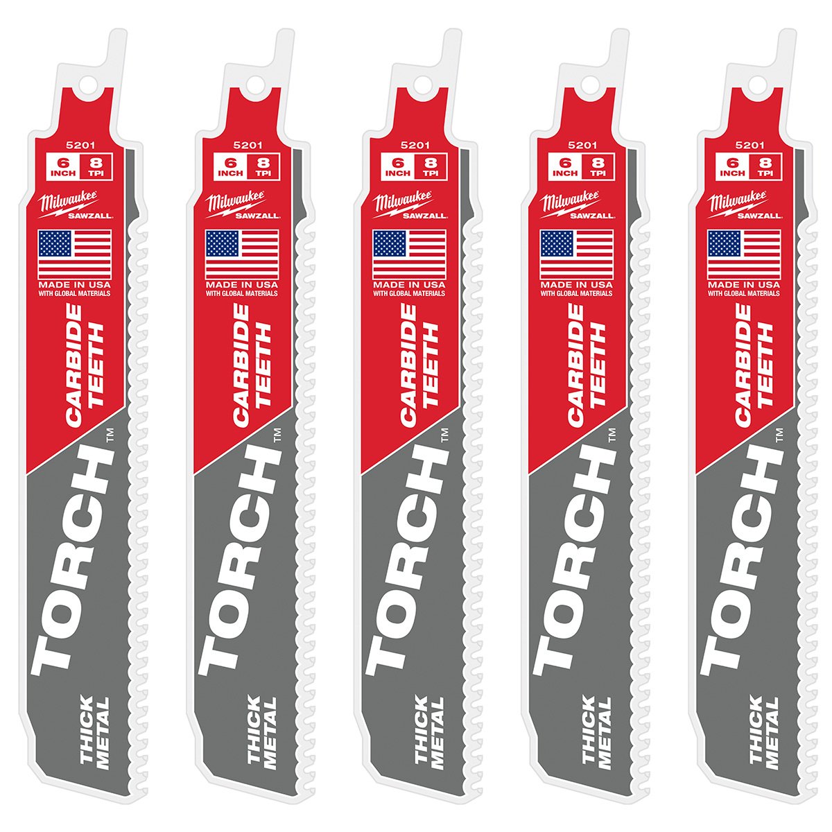 Milwaukee 48-00-5501 6" 8TPI THE TORCH™ Carbide Teeth Metal Cutting SAWZALL® Blade 5PK - product view
