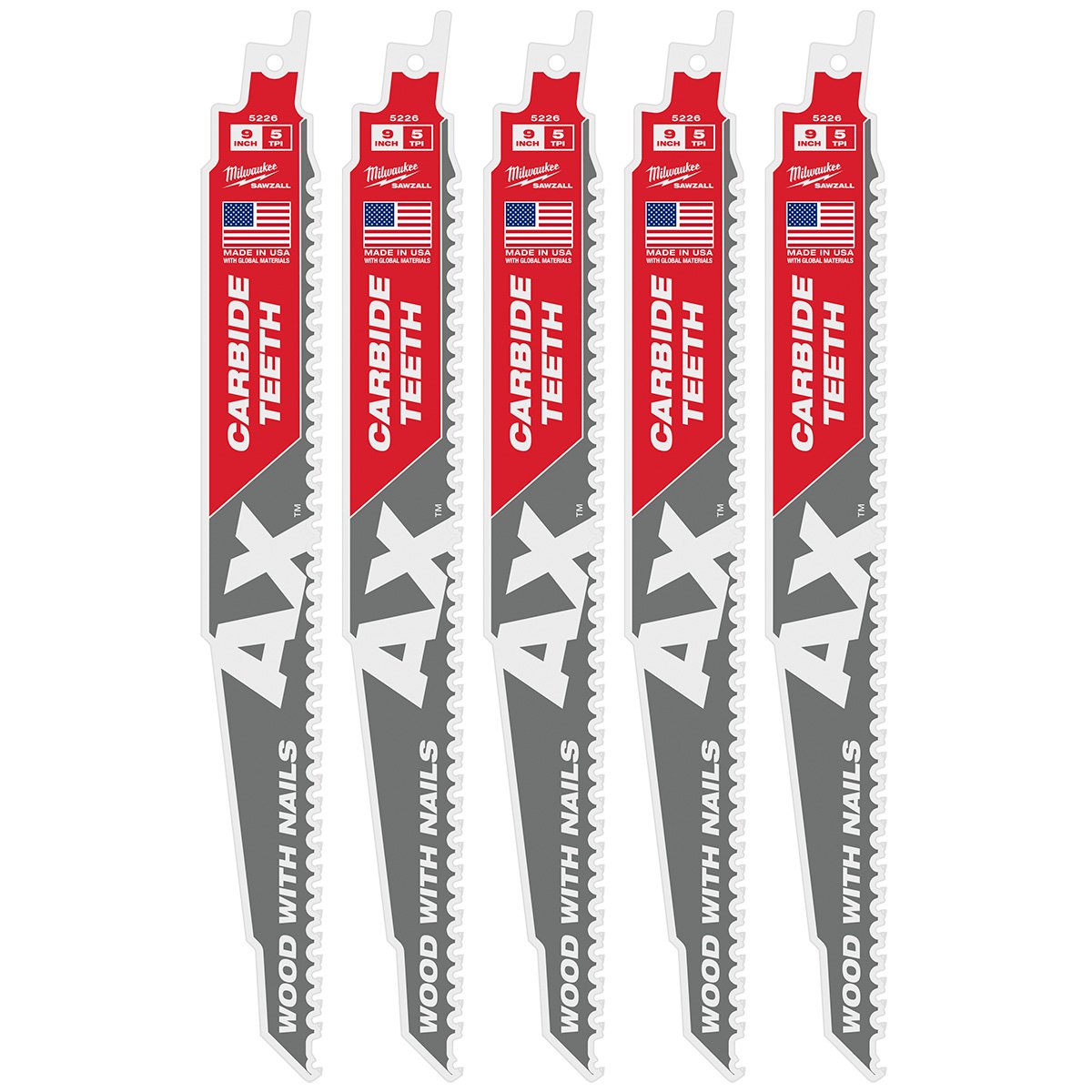 Milwaukee 48-00-5526 9 in. 5 TPI The Ax™ Carbide Teeth SAWZALL® Blades 5PK - product view