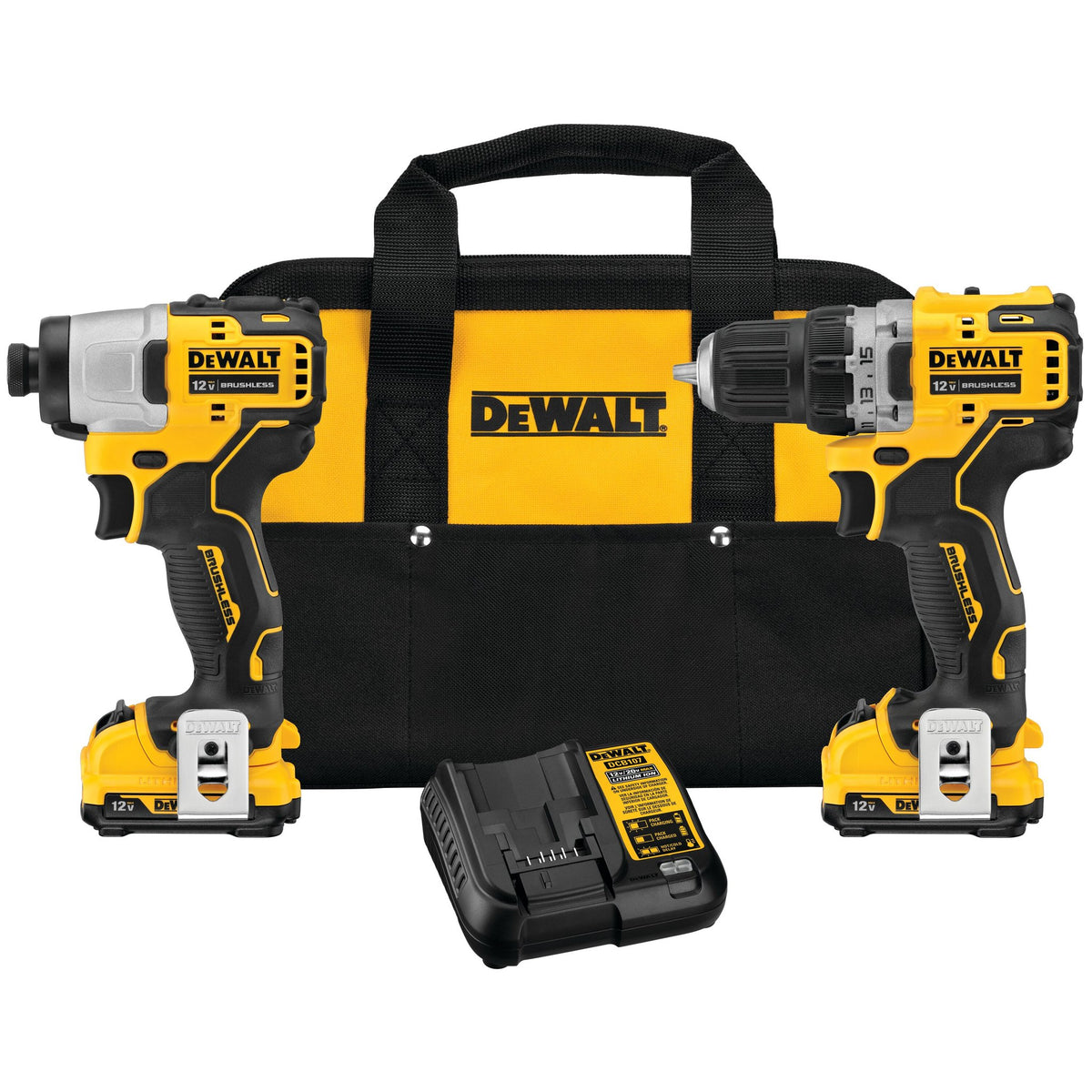 DEWALT DCK221F2 XTREME 12V MAX BRUSHLESS CORDLESS DRILL & IMPACT DRIVER KIT - kit contents
