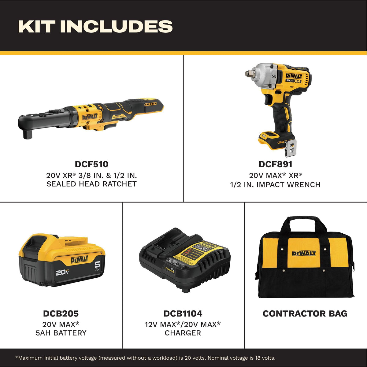 DEWALT DCK229P1 20V MAX XR Brushless 3/8" & 1/2" Sealed Head Ratchet + 1/2" Mid-Range Impact Wrench Kit - feature callout