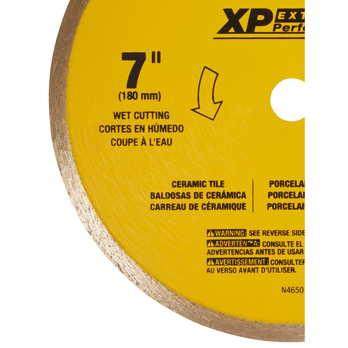 DEWALT DW4760 7-Inch Wet Cutting Continuous Rim Saw Blade With 5/8-Inch Arbor For Ceramic Or Tile,Yellow - detail close-up