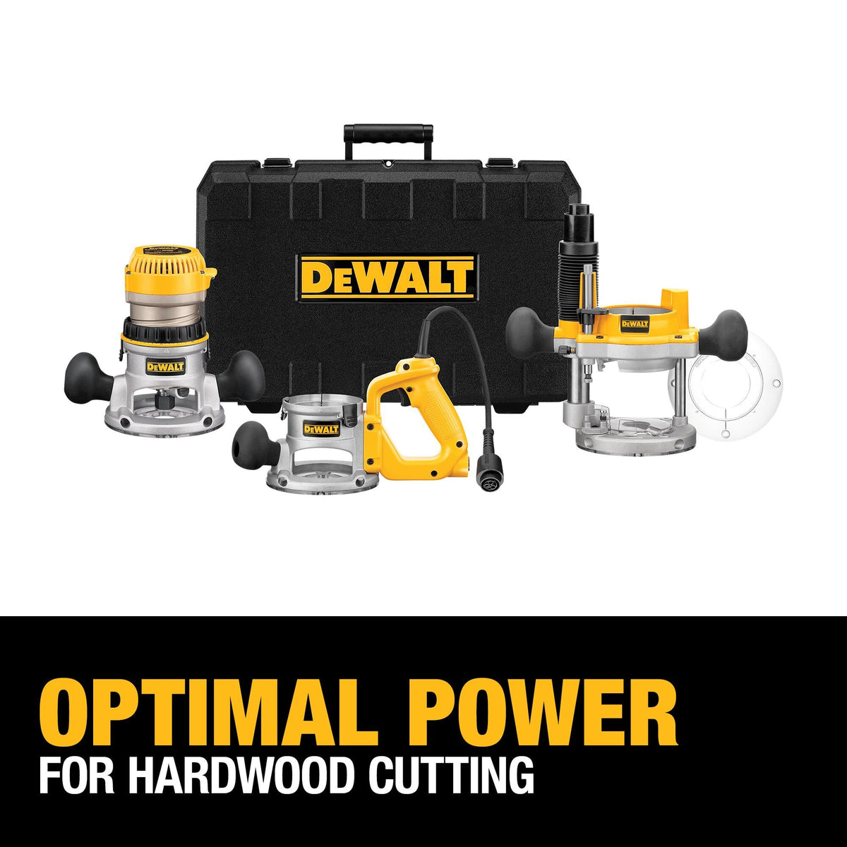 DEWALT DW618B3 2-1/4 HP (maximum motor HP) Three Base Router Kit - feature callout