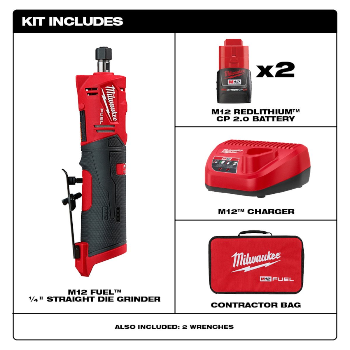 Milwaukee 2486-22 M12 FUEL™ 1/4" Straight Die Grinder 2 BATTERY KIT - product view