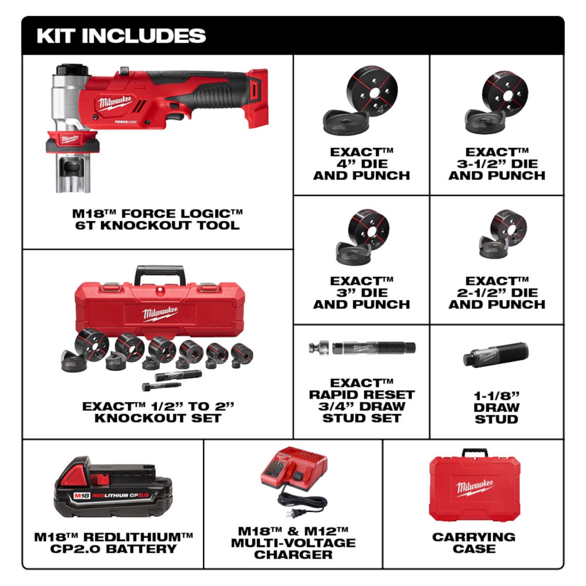 Milwaukee 2677-23 M18 FORCE LOGIC 6T Knockout Tool 1/2" - 4" Kit (Special order item) - feature callout