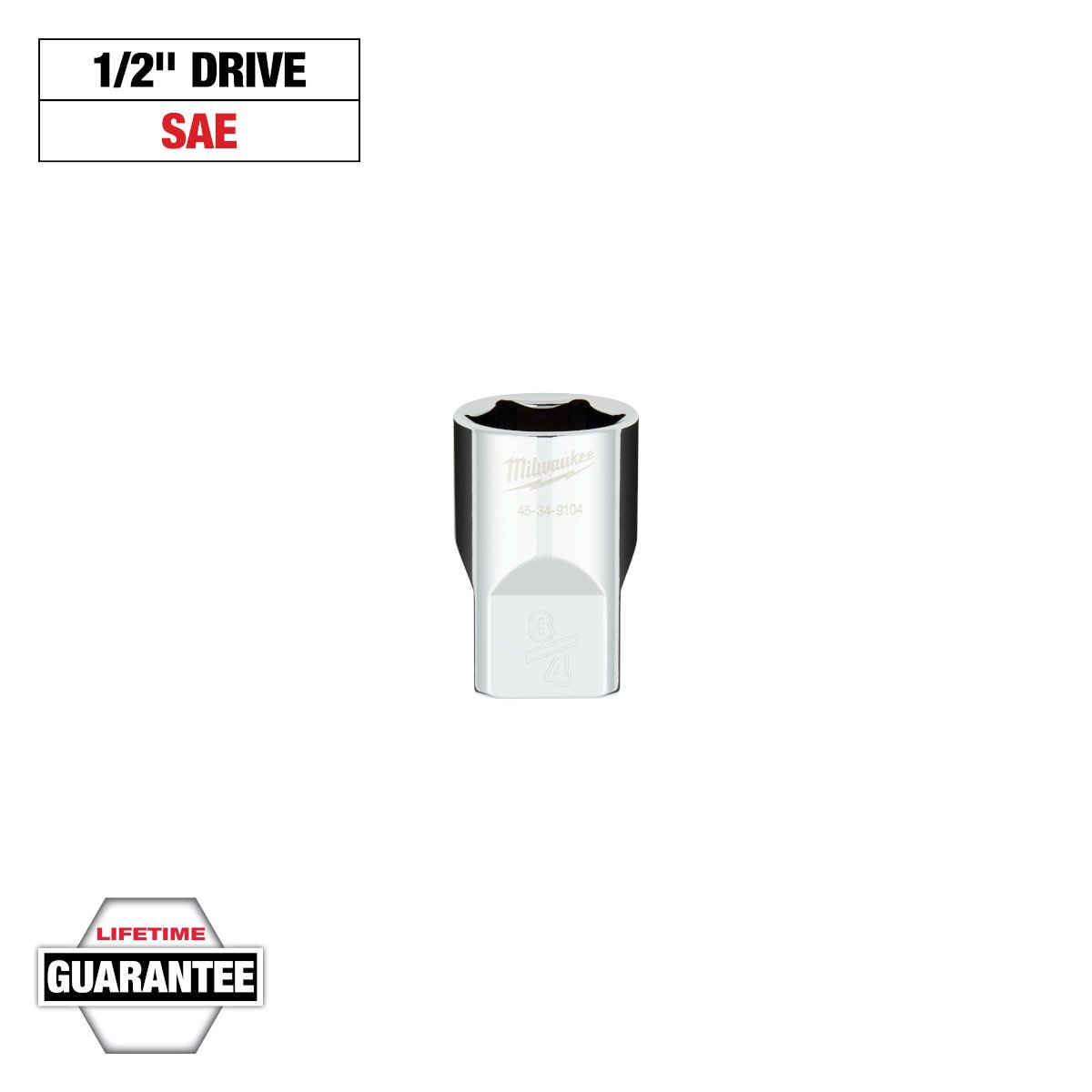 Milwaukee 45-34-9104 1/2 in. Drive 3/4 in. SAE 6-Point Socket with FOUR FLAT™ Sides - feature callout