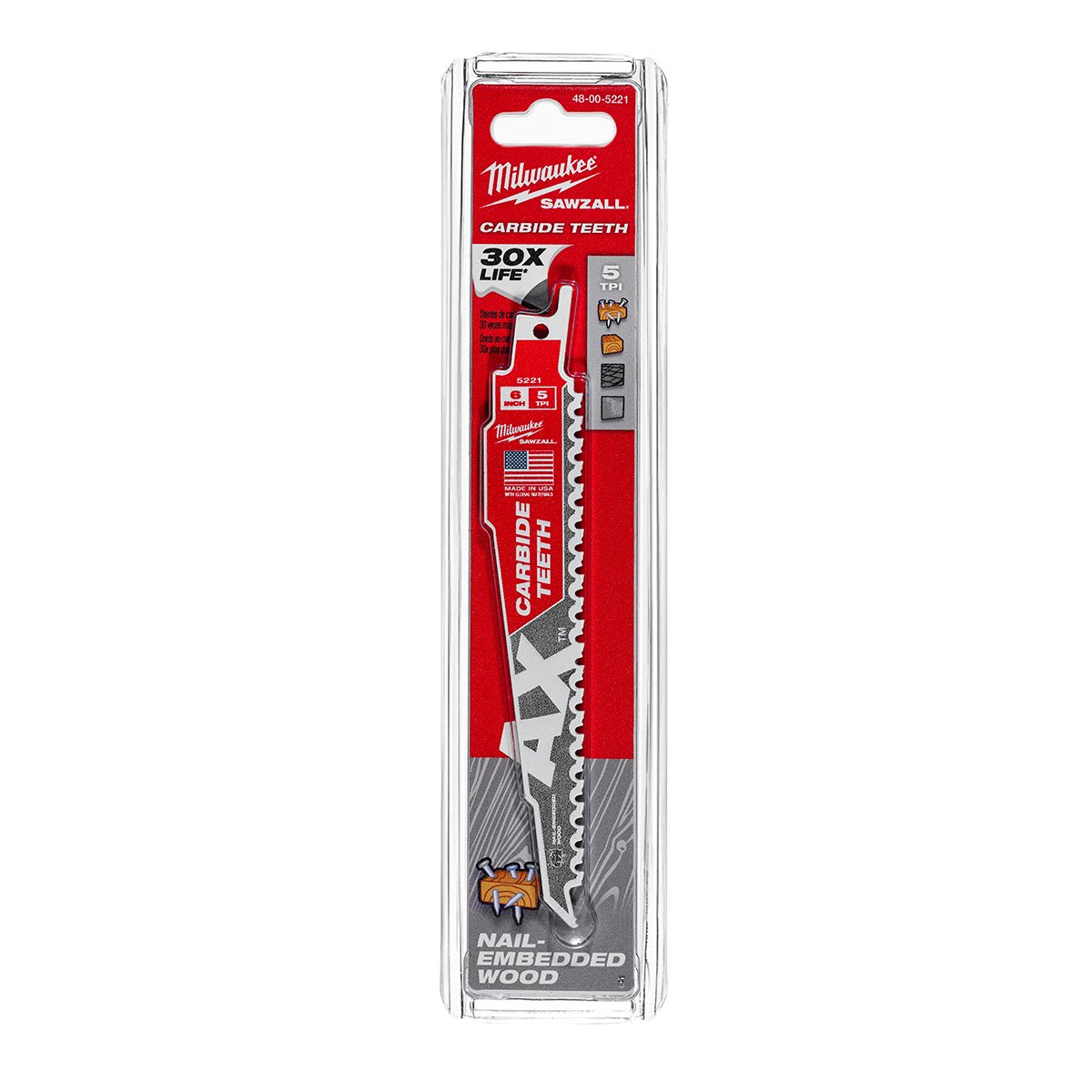 Milwaukee 48-00-5221 The Ax™ with Carbide Teeth SAWZALL™ Blade 6 in. 5T - product view