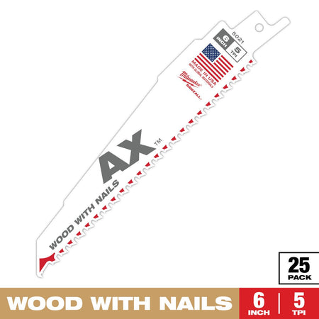 Milwaukee 48-00-8021 6" 5 TPI The Ax™ Sawzall® Blade (25 Pk) - feature callout