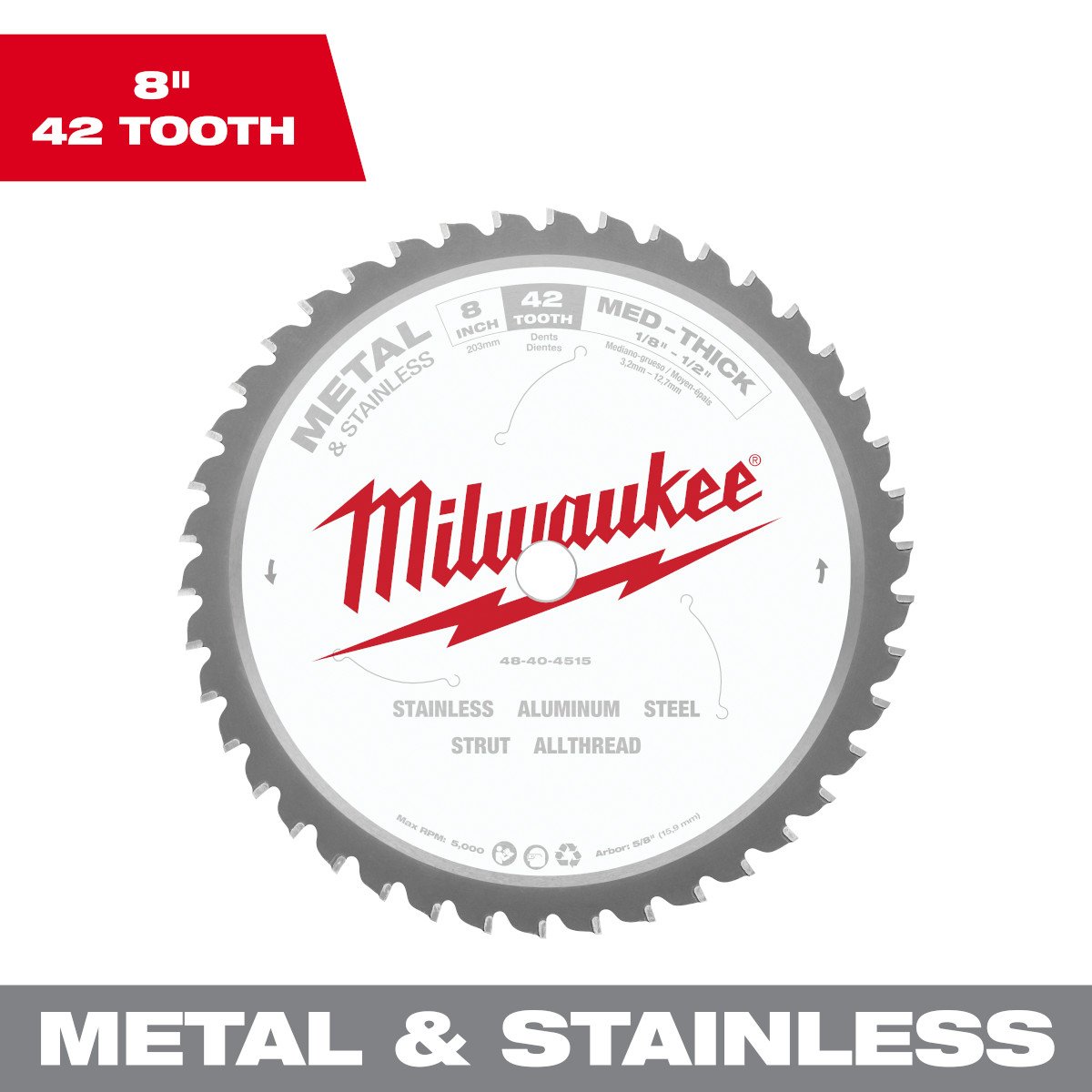 Milwaukee 48-40-4515 8 in. 42 Tooth Dry Cut Cermet Tipped Circular Saw Blade - feature callout